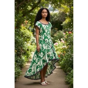Free Market by Flying Tomato Dress Womens L Green Floral Hi-Low Maxi Boho resort